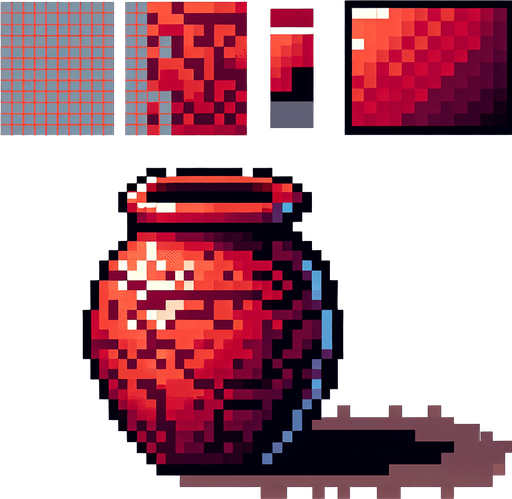 A thin red earthen jar. 8 bit Pixel art..
Single Game Texture.  In-Game asset.  2d.  Blank background.  High contrast.  No shadows