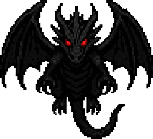 um dragão negro com olhos vermelhos, arte pixel 32bits, vista frontal aerea.
In-Game asset.  2d.  High contrast.  No shadows