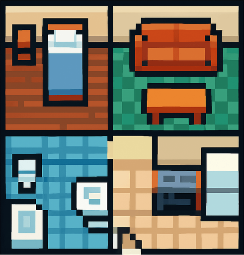 Apartment tile 2d pixilated topdown.
In-Game asset.  2d.  High contrast.  No shadows
