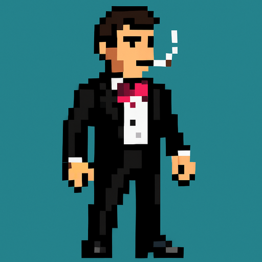 man in a black and white tuxedo with a pink bow tie and with a cigarette in his mouth, whole body shown 2d pixel art..
In-Game asset.  2d.  High contrast.  No shadows