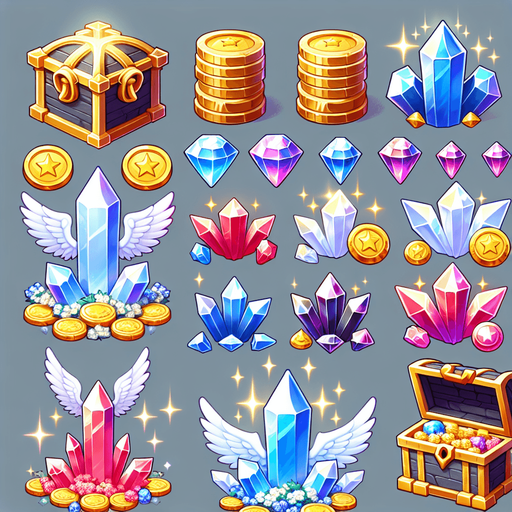 нужны ерасивые монеты, кристаллы, сундуки с кристаллами, всё это должно соответсвовать небесной тематике.
Single Game Texture. In-Game asset. 2d. Blank background. High contrast. No shadows.