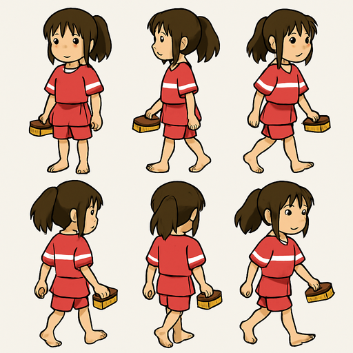 Pack of complete body frames of girl Chihiro character from "spirited a way" movie. without shoes, holding small rectangle hand Scrubbing Brush with color brown and yellow, her feet are dusty a bit from bottom
In-Game asset.  2d.  High contrast.  No shadows. no broom