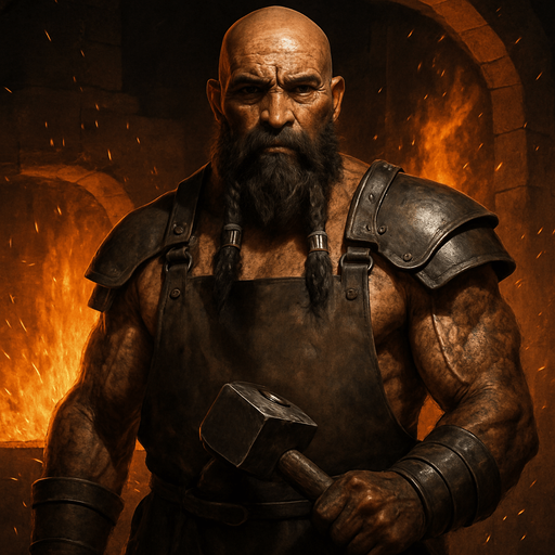 A towering warrior-blacksmith with soot-covered muscles and iron gauntlets, standing before a blazing forge. Male, 47 years old, bald with a thick black beard braided with iron rings, dark brown eyes, and deeply tanned, scarred skin. Wearing a leather apron and iron shoulder guards, wielding a massive smith-hammer. Sparks fly around him. Realistic, highly detailed, fiery forge setting. realistic.
In-Game asset.  2d.  High contrast.  No shadows