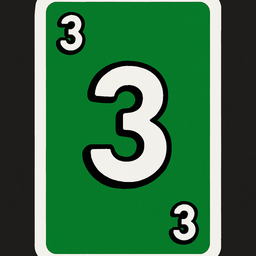 Rectangular card numbered 3, with a white border around it and a green background..
In-Game asset.  2d.  High contrast.  No shadows