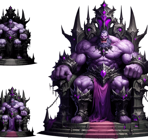 Giant muscular evil wizard with purple skin and a menacing scowl sitting in a black throne..
Single Game Texture. In-Game asset. 2d. Blank background. High contrast. No shadows.