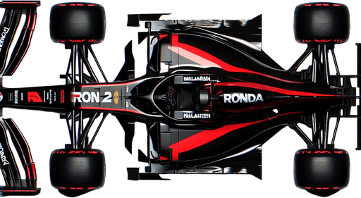Black McLaren MP4-29 F1 RACE CAR with red lines and white,,RONDA"text. TOP VIEW..
Single Game Texture. In-Game asset. 2d. Blank background. High contrast. No shadows.