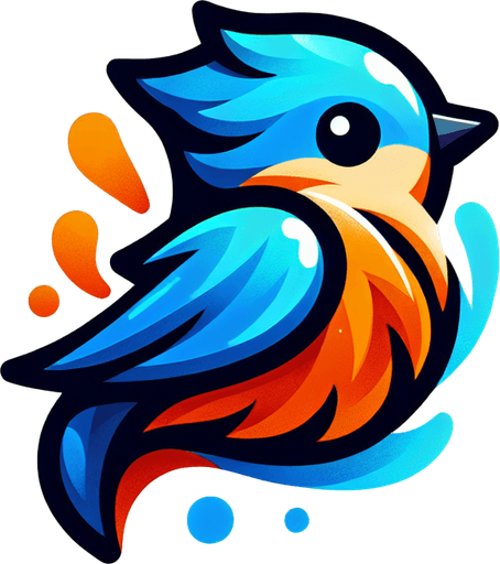 Single simple cartoon bird for a game titled "Flap & Bounce". The bird has lots blue and orange colors and is high contrast. Only bird.