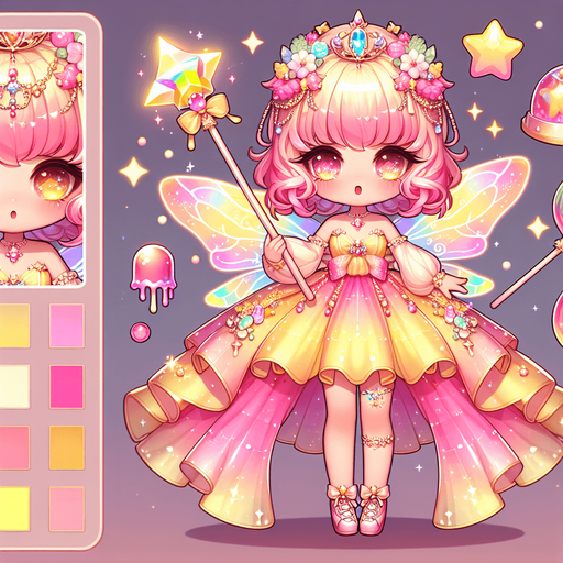A very colourful sparkling pink fairy doll in yellow orange and soft colours kawaii doll with glowing jellys stars kawaii sweet beautiful wearing beautiful dress shoes magical wand.
Single Game Texture. In-Game asset. 3d. Blank background. High contrast. No shadows.theme
