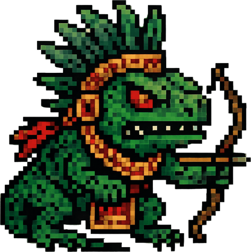 Genérame una Iguana Verde guerrero azteca con eso patrones, estilo pixelar, con una apariencia maligna, ojos rojos, rabioso. Unidad a distancia, con un arco o cerbatana. Animal.
In-Game asset.  2d.  High contrast.  No shadows