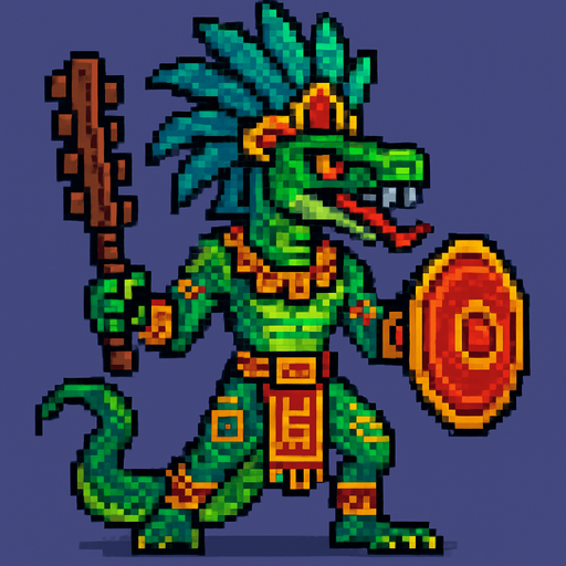 Generame un guerrero azteca con patrones, estilo pixelar, ademas sera un Serpiente sabanera humanoide.
In-Game asset.  2d.  High contrast.  No shadows