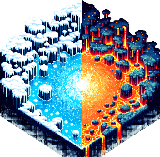 top-down bird-eye view perspective off a magical land, divided into two distinct elements of magma and ice. 8-bit pixelated.
Single Game Texture. In-Game asset. 2d. Blank background. High contrast. No shadows.