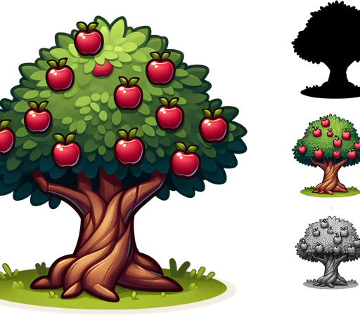 Apple tree with crown extending beyond the frame, tall trunk full height of the frame, cartoon style.
Single Game Texture. In-Game asset. 2d. Blank background. High contrast. No shadows.
