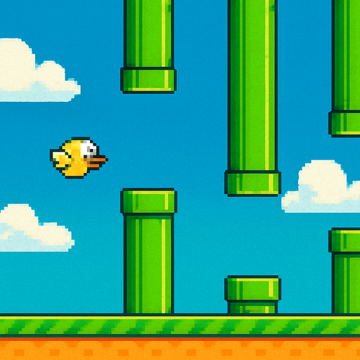 Fullscreen modern App Store landscape banner, 16:9, high definition, for a game titled "Flappy Flight" and with the description "Guide a bird through gaps in pipes by tapping to flap and avoid obstacles. Score points for each successful pass.". No text on banner! pixel