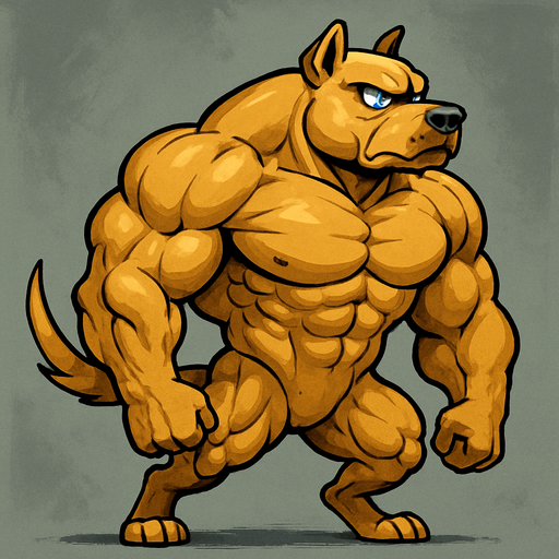 Golden dog with blue eyes that is SOO BUFF that he looks so cool and he scares everyone away. full body. Facing right.
2d.