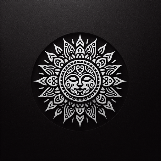 plain white intricate sun icon. black background
