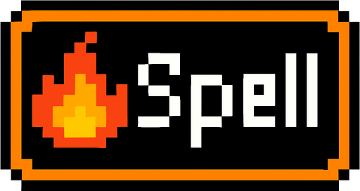 Black button with an orange outline that says "Spell" and has a fire icon, pixel art.
In-Game asset.  2d.  High contrast.  No shadows