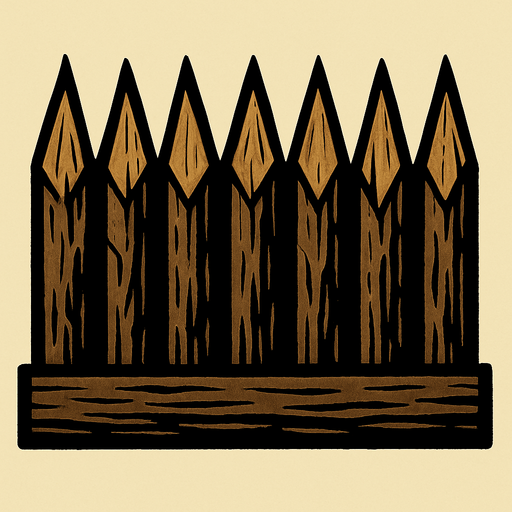 Crea picos de madera, que todos estén unidos en una tablilla por abajo y que arriba estén los picos.
In-Game asset.  2d.  High contrast.  No shadows