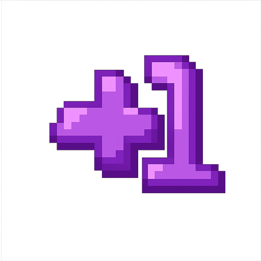 Purple color "+1" in pixels art style . No background. Transparent background. Blank background. No shadows. 2d. In-Game asset. flat 