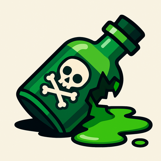 Bana yeşil kırılmış bir zehir şişesi çiz zehir yere akmış.
In-Game asset.  2d.  High contrast.  No shadows