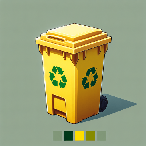 Face view of an open Yellow recycle bin with a green recycling sign..
In-Game asset. 2d. Blank background. High contrast. No shadows.