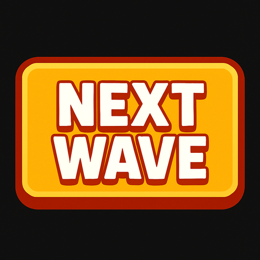 A large rectangular button with Text on it that says: NEXT WAVE.
In-Game asset.  2d.  High contrast.  No shadows