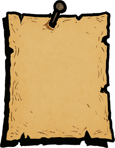 çivi ile duvara asılı hafif yıpranmış parşomen.
In-Game asset.  2d.  High contrast.  No shadows