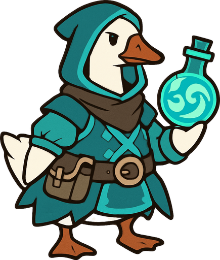 Emden Goose in Cyan Outfit of Treasure Hoarders armed with cyan anemo potion.
In-Game asset.  2d.  High contrast.  No shadows