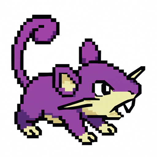 Rattata, visto desde arriba, viendo a la derecha.
In-Game asset.  2d.  High contrast.  No shadows