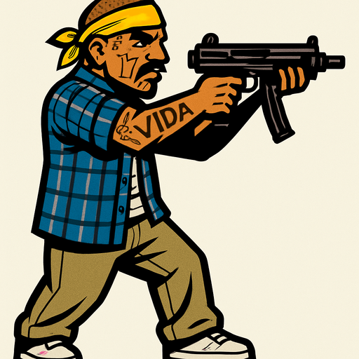 un pandillero mexicano apuntando con un SMG con la perspectiva lateral.
In-Game asset.  2d.  High contrast.  No shadows de cuerpo completo