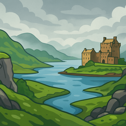 A 2D cartoon-style background inspired by the scenic landscapes of Scotland. Include lush green hills, rocky cliffs, a winding river or loch, and a historic Scottish castle in the distance (like Eilean Donan). Add some rolling mist or cloudy skies for atmosphere. Style should be colorful, clean, and game-friendly — flat illustration or soft-shaded vector. Ideal for a music game featuring bagpipes. Export as a wide landscape (1920x1080) with transparent or fixed background, no text or UI..
In-Game asset.  2d.  High contrast.  No shadows
