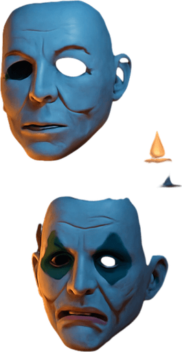 3D Scary room with many 3D decorations around, 3D scary masks of memes from movies around it.
In-Game asset.  3D.  High contrast.  No shadows. no jesus cross. no star of 6. no start of 5. no devil. HD colors