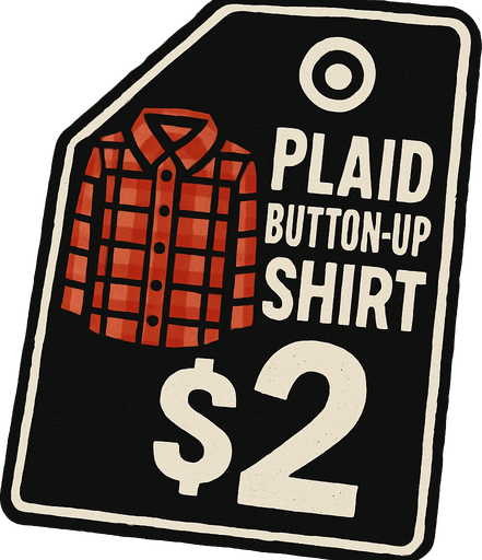 price tag that says plaid button up shirt $2.
In-Game asset.  2d.  High contrast.  No shadows
