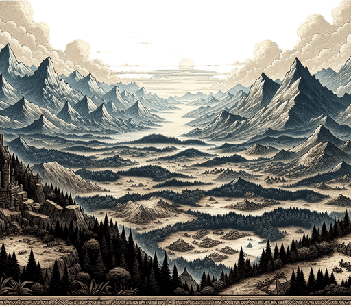 A background illstration for a game, rich in style, medieval fantasy themed, of a landscape seen from a great distance, like froma mountain ridge with mountains and forests and lakes and lots of features..
Single Game Texture. In-Game asset. 2d. Blank background. High contrast. No shadows.