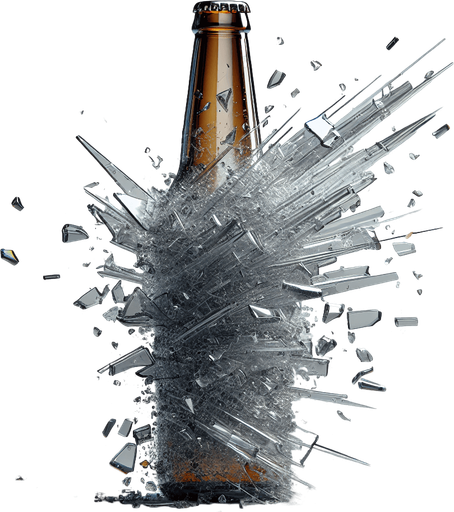 vertical exploded glass beer bottle.
Single Game Texture. In-Game asset. 2d. Blank background. High contrast. No shadows.