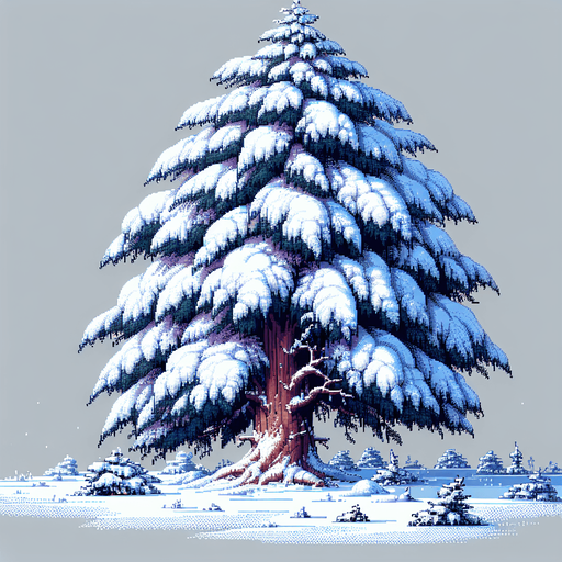 pixel art of a large tree covered in snow.
Single Game Texture. In-Game asset. 2d. Blank background. High contrast. No shadows.