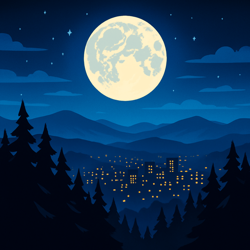 malam bulan purnama diatas hutan dataran tinggi. di kejauhan nampak kota di malam hari.
In-Game asset.  2d.  High contrast.  No shadows