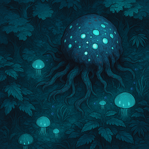 Top down isometric Cyberpunk forest thick foliage woods, anime Akira-nausicaa inspired, background scene, large sci-fi horror bioluminescent glowing alien flora