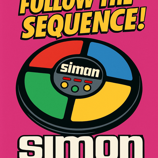 80s or 90s style simon game advertisement.
In-Game asset.  2d.  High contrast.  No shadows
