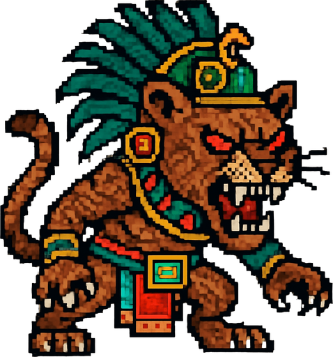 Genérame una Puma guerrero azteca con eso patrones, estilo pixelar, con una apariencia maligna, ojos rojos, rabioso. Unidad cuerpo a cuerpo. Animal.
In-Game asset.  2d.  High contrast.  No shadows