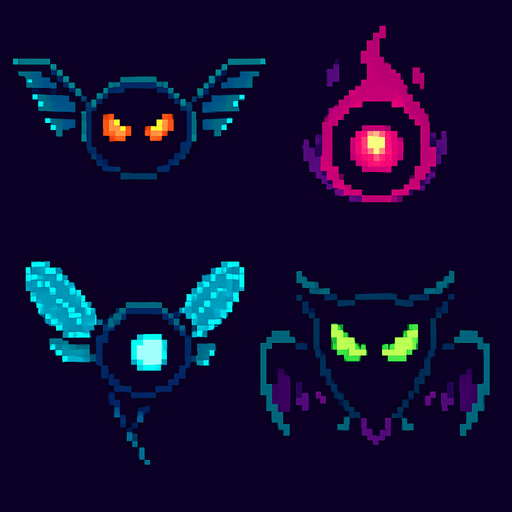 Crea enemigos voladores estilo pixel art, ideales para un juego de plataformas retro. Deben flotar o volar sobre el jugador, con movimientos suaves o erráticos. Pueden tener alas mecánicas, alas de insecto, o simplemente levitar con energía. Que se vean amenazantes, pero simples de animar.

Pueden tener:

Ojos brillantes o un solo ojo (tipo dron o criatura mágica).

Colores oscuros o neón, para resaltar en niveles digitales o de noche.

Algunos pueden disparar proyectiles, otros solo hacen daño al contacto..
In-Game asset.  2d.  High contrast.  No shadows