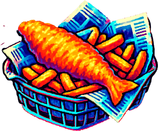 Cooked fish and chips in a newspaper lined basket. Side view. 80s arcade machine graphics..
In-Game asset.  2d.  High contrast