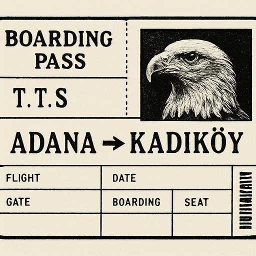 Bir uçak bileti oluştur . Yolcunun adı T.T.S olsun . Uçak bileti siyah beyaz olsun . Ucağın rotası Adana -> Kadıköy olsun . Yolcunun fotosu kartal olsun . retro temada olsun ..
In-Game asset.  2d.  High contrast.  No shadows
