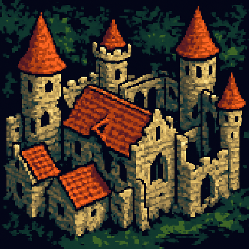 O telhado de um castelo medieval abandonado com suas torres. arte pixel 32 bits, vista aerea frontal.
In-Game asset.  2d.  High contrast.  No shadows