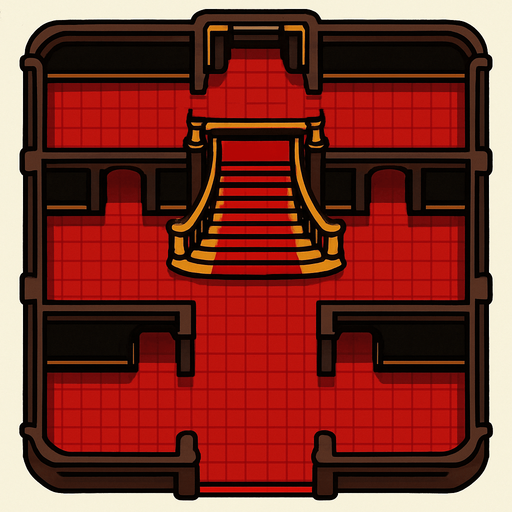 una mansion con piso rojo vista completa y totalmente desde arriba y desde dentro con una escalera grande igual que la de scarface la pelicula y pasillos a los lados.
In-Game asset.  2d.  High contrast.  No shadows