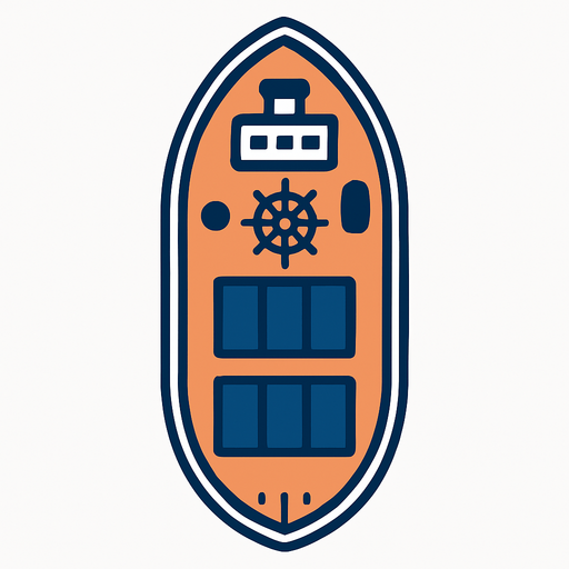 2D vector illustration of a ship from top view perspective, minimalistic flat design, clean lines, no background (transparent), realistic ship shape, visible deck, helm, and other top-side details, symmetrical composition..
In-Game asset.  High contrast.  No shadows