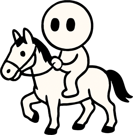 White simple circular enemy seen from above, black outline. Black eyes, on a white horse. Black and white only. Blue background.