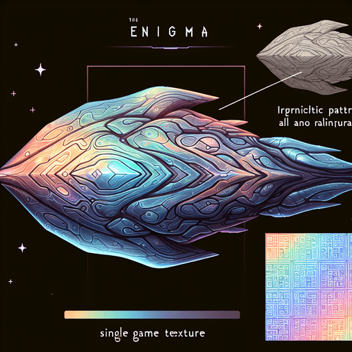 “Энигма” представляет собой величественный космический корабль, выполненный в форме кристалла с плавными, органическими линиями. Его корпус переливается всеми цветами радуги, создавая впечатление, что корабль постоянно меняет свой облик. На поверхности можно заметить сложные узоры, напоминающие древние руны, которые светятся мягким светом..
Single Game Texture. In-Game asset. 2d. Blank background. High contrast. No shadows.