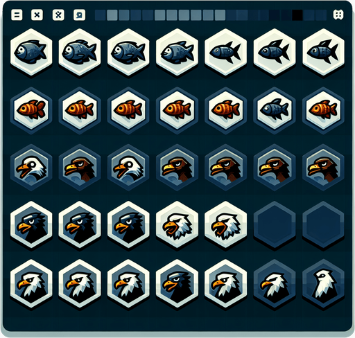 A sprite sheet for game icons featuring a fish, an eagle and a mallard. Hexagon icons featuring the head of animal. 
Single Game Texture. In-Game asset. 2d. Blank background. High contrast. No shadows.