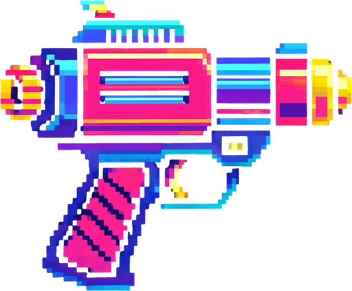 Pistola futurista, retro, neon, pixelart.
In-Game asset.  2d.  High contrast.  No shadows
