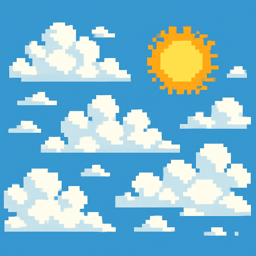a cloudy and sunny pixel art sky.
In-Game asset.  2d.  High contrast.  No shadows